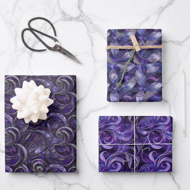 Feuille De Papier Cadeau Motif d'élégance de Noël violet Accent d'argent (Recto)