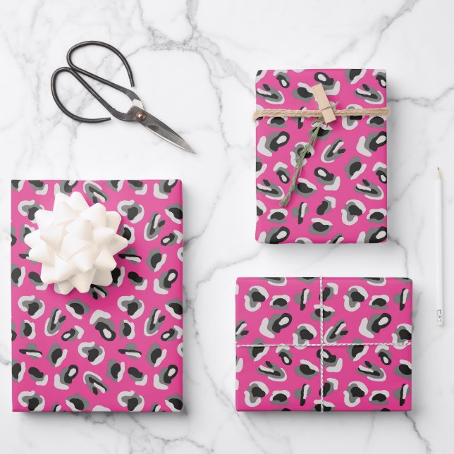 Feuille De Papier Cadeau Motif d'Empreinte de léopard d'animal rose vif (Recto)