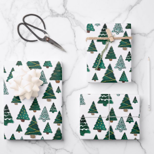 Feuille De Papier Cadeau Motif des arbres de Noël verts (Recto)