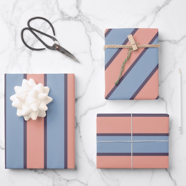 Feuille De Papier Cadeau Motif des bandes de lignes rose et bleu (Recto)