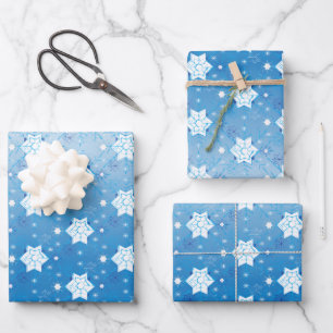 Feuille De Papier Cadeau Motif des flocons de neige bleu et blanc d'hiver
