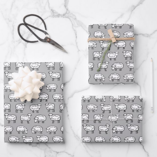 Feuille De Papier Cadeau Motif des moutons - noir, blanc et gris (Recto)
