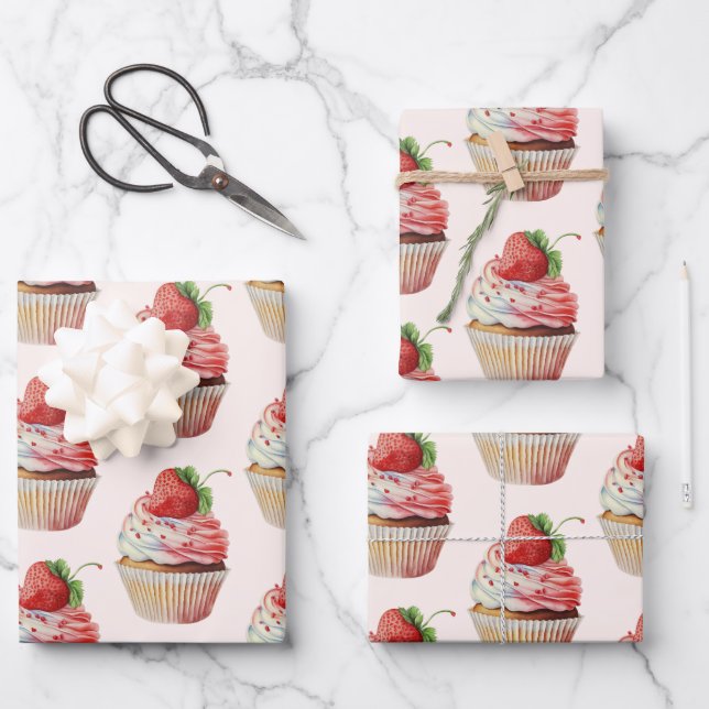 Feuille De Papier Cadeau Motif dessert sucré fraise Cupcake (Recto)