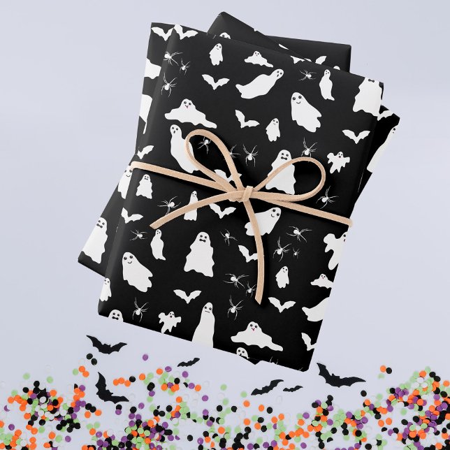 Feuille De Papier Cadeau Motif d'Halloween, chauves-souris et araignées (Cute Ghost, Bats & Spiders Halloween Pattern Wrapping Paper Sheets)