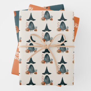 Feuille De Papier Cadeau Motif d'Halloween sorcière et Jack-o-lanternes