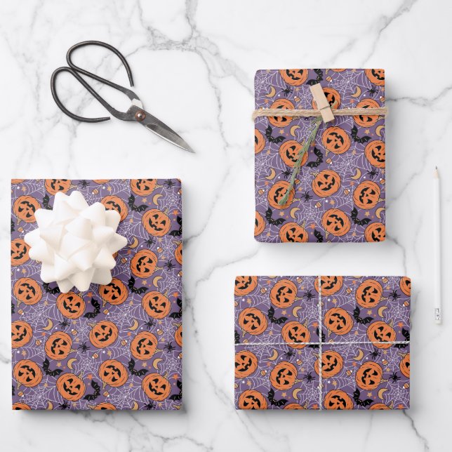 Feuille De Papier Cadeau Motif d'Halloween violet Jack-O-lanterne (Recto)