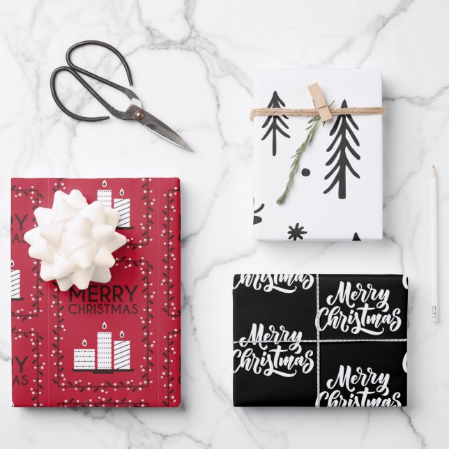 Feuille De Papier Cadeau Motif d'illustrations en rouge noir blanc (Recto)