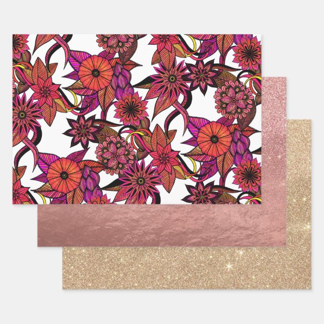 Feuille De Papier Cadeau Motif d'illustrations florales d'hipster rose Oran (Lot)