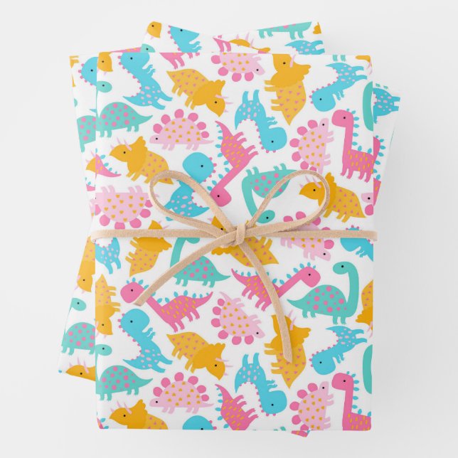 Feuille De Papier Cadeau Motif Dinosaur rose et Turquoise (En situation)