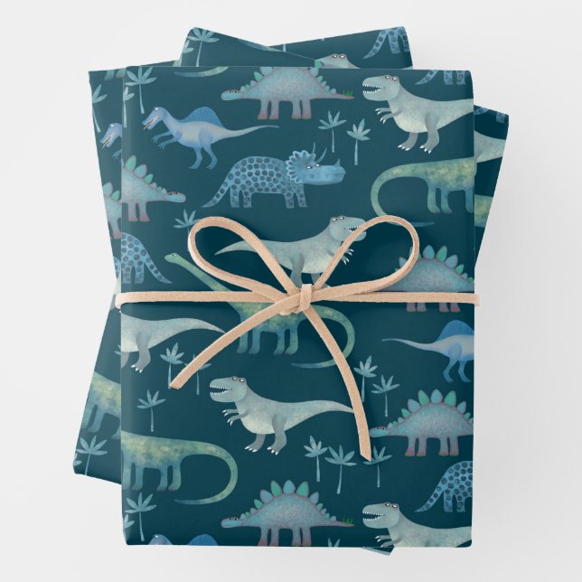 Feuille De Papier Cadeau Motif Dinosaur Turquoise (En situation)