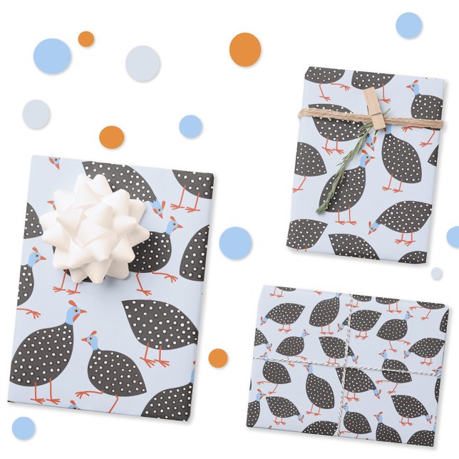 Feuille De Papier Cadeau Motif d'oiseaux de la tourte de Guinée (Fun guinea fowl or guinea hen wrapping paper sheets in three scales)