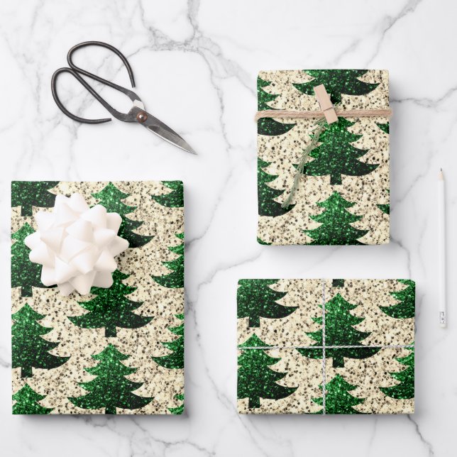 Feuille De Papier Cadeau Motif d'or vert d'arbre de Noël (Recto)