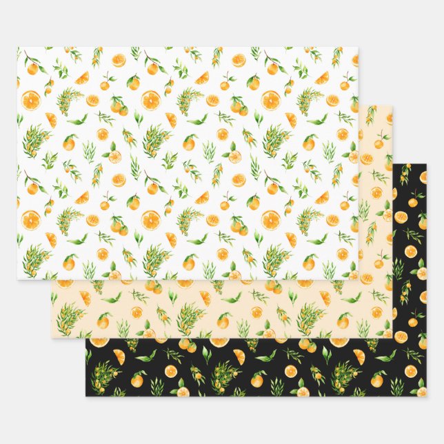 Feuille De Papier Cadeau Motif d'oranges et de feuillage (Lot)