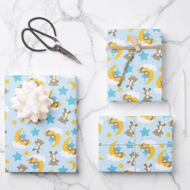 Feuille De Papier Cadeau Motif D'Ours, Mignonnes Ours, Nounours, Étoiles (Recto)