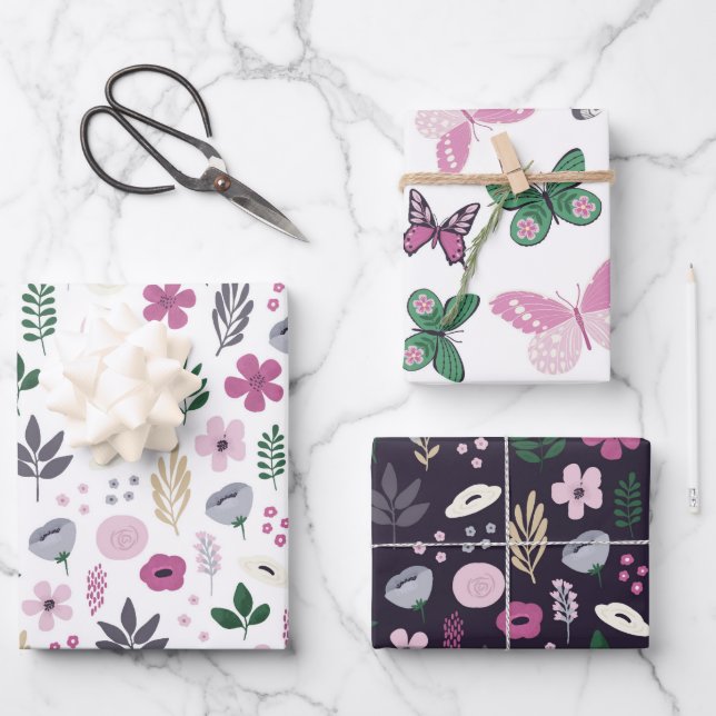 Feuille De Papier Cadeau Motif du jardin des papillons d'aquarelle (Recto)