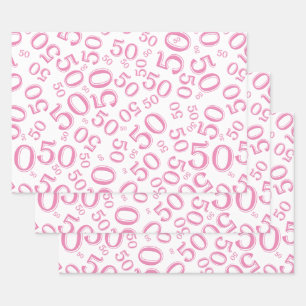 Feuille De Papier Cadeau Motif du numéro aléatoire rose et blanc du 50e ann
