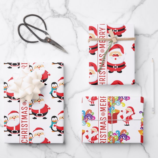 Feuille De Papier Cadeau Motif du Père Noël rouge Joyeux Noël (Recto)