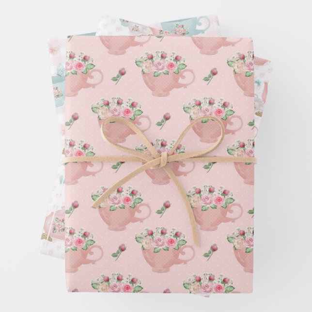 Feuille De Papier Cadeau Motif du Tea Party aquarelle (En situation)