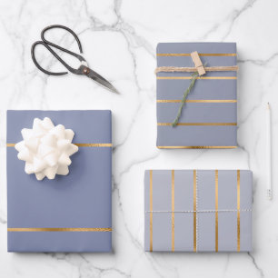 Feuille De Papier Cadeau Motif Dusty Blue Gold Stripe