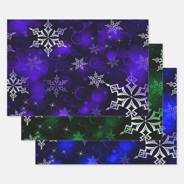 Feuille De Papier Cadeau Motif Emerald & Royal Blue Snowflake (Lot)