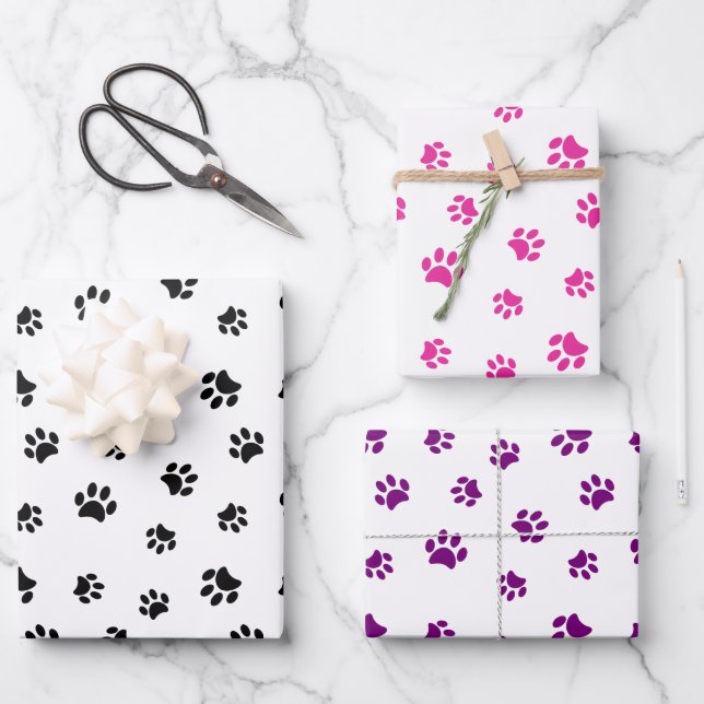 Feuille De Papier Cadeau Motif Empreinte de patte noir rose et violet (Recto)