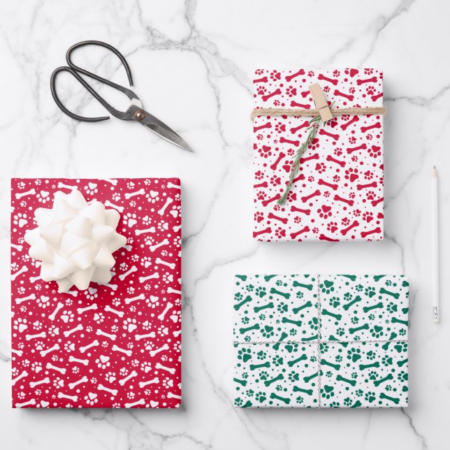 Feuille De Papier Cadeau Motif Empreinte de patte Red Green Festive (Recto)
