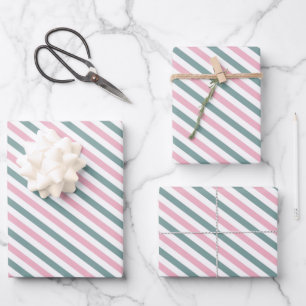 Feuille De Papier Cadeau Motif en diagonale rose et vert crémeux