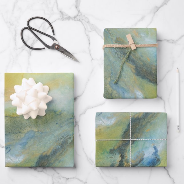 Feuille De Papier Cadeau Motif en marbre Abstrait bleu jaune (Recto)