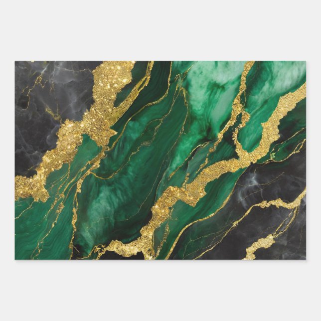 Feuille De Papier Cadeau Motif en marbre vert avec or (Devant)