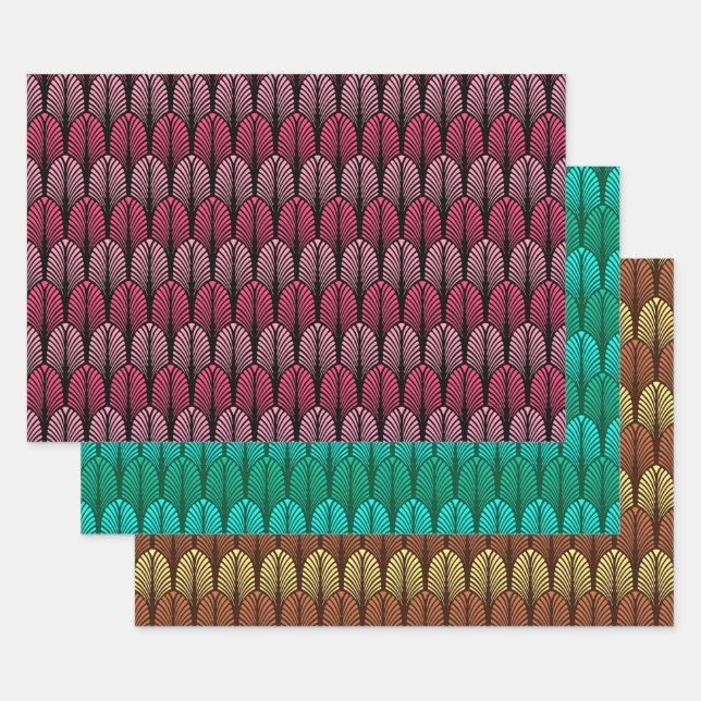 Feuille De Papier Cadeau Motif en plumes Art Déco, Fuchsia, Aqua & Brown (Lot)
