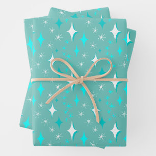 Feuille De Papier Cadeau Motif étoiles sarcelle et blanc rétro