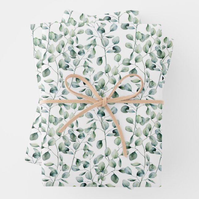 Feuille De Papier Cadeau Motif Eucalyptus aquarelle (En situation)