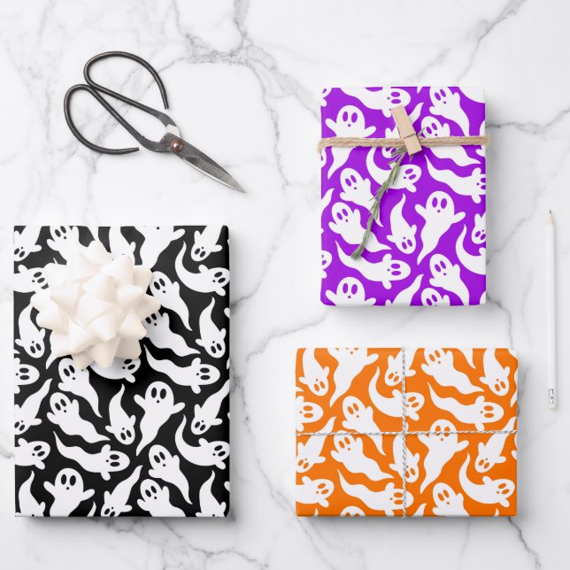 Feuille De Papier Cadeau Motif Fantôme d'Halloween mignon Orange Noir viole (Recto)