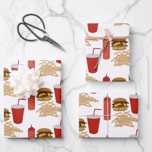 Feuille De Papier Cadeau Motif Fast Food Burger Fries (Recto)