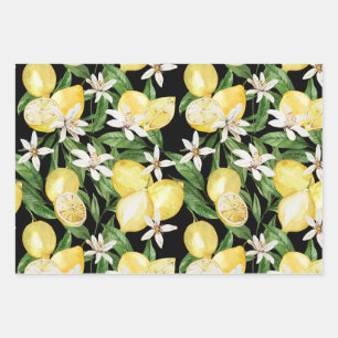 Feuille De Papier Cadeau Motif fleur de citron d'été sur noir