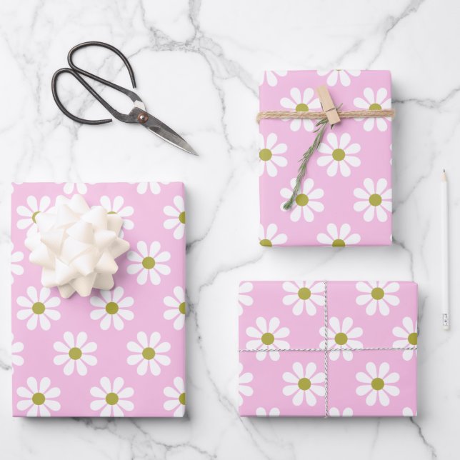 Feuille De Papier Cadeau Motif Fleur Retro Daisy en rose (Recto)