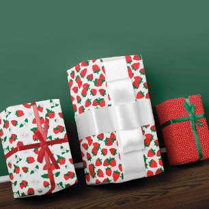 Feuille De Papier Cadeau Motif Fleurs Blanches et Fraises Rouges Sucrées