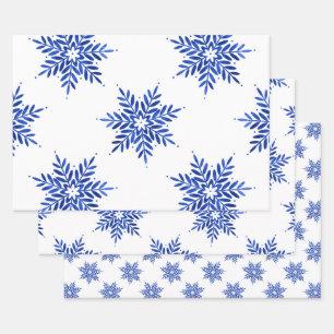 Feuille De Papier Cadeau Motif flocon de neige aquarelle bleu indigo  