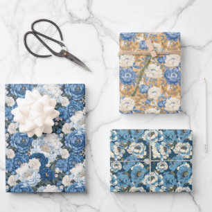 Feuille De Papier Cadeau Motif floral avec pivoines bleues et fleurs blanch