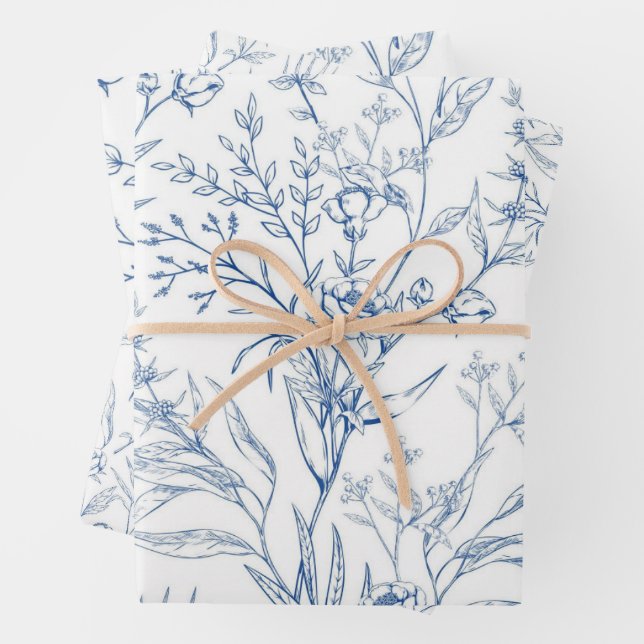 Feuille De Papier Cadeau Motif floral blanc et bleu chic (En situation)
