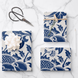Feuille De Papier Cadeau Motif floral bleu complexe sur fond clair
