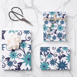 Feuille De Papier Cadeau Motif Floral Bleu Et Turquoise