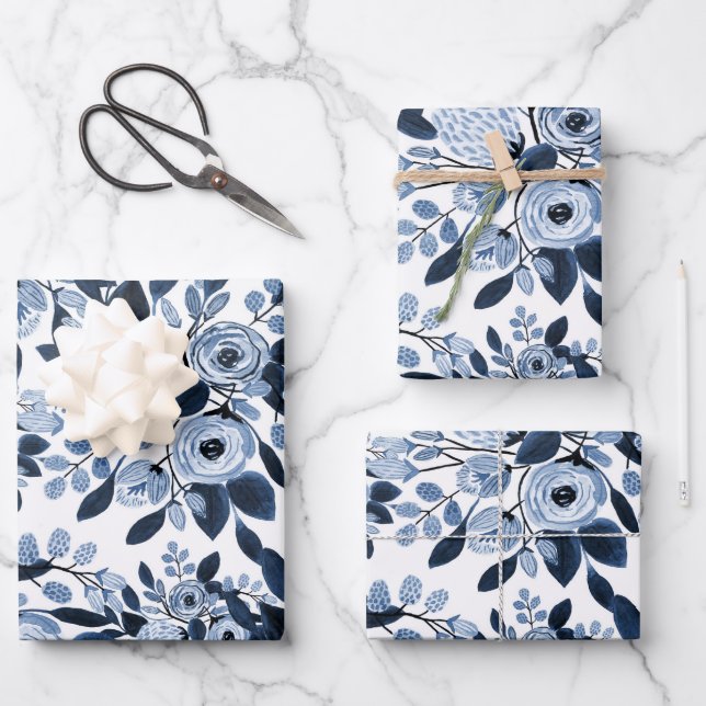Feuille De Papier Cadeau Motif floral bleu marine Pastel (Recto)
