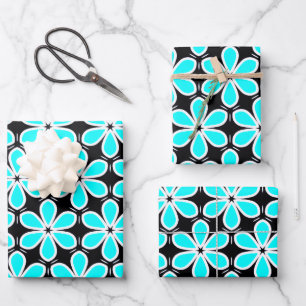 Feuille De Papier Cadeau Motif floral bleu turquoise et noir