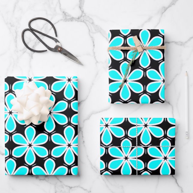 Feuille De Papier Cadeau Motif floral bleu turquoise et noir (Recto)
