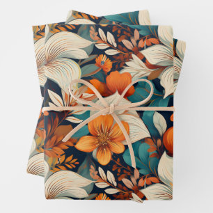Feuille De Papier Cadeau Motif floral élégant turquoise orange