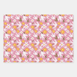 Feuille De Papier Cadeau Motif floral et oiseaux mignon sans couture