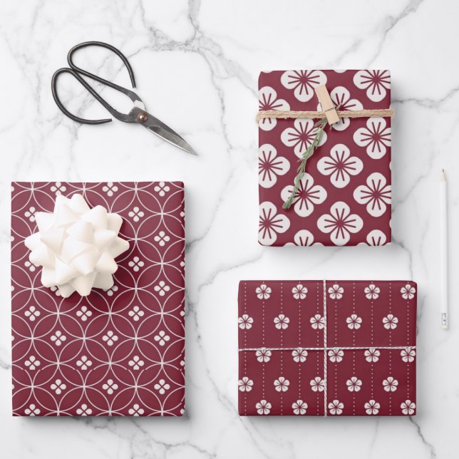 Feuille De Papier Cadeau Motif floral géométrique rouge + blanc | (Recto)