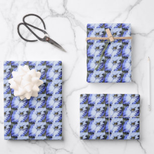 Feuille De Papier Cadeau Motif floral Iris à fond bleu et blanc
