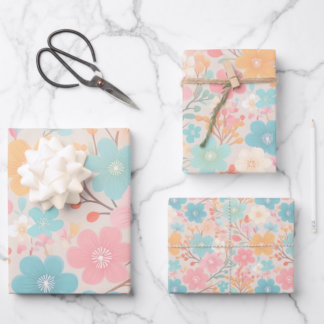 Feuille De Papier Cadeau Motif floral pastel (Recto)